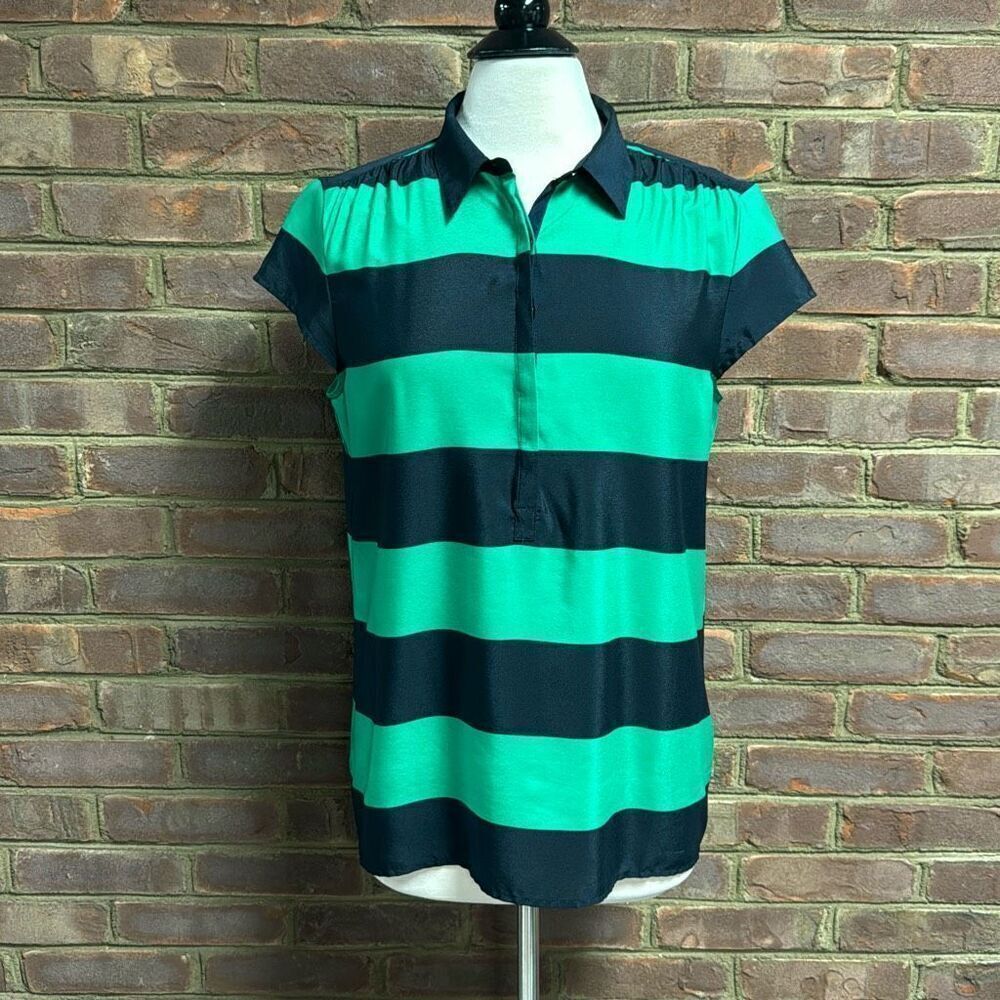 Ann Taylor Loft Women’s Green & Navy Stripe Collared Blouse Size Large